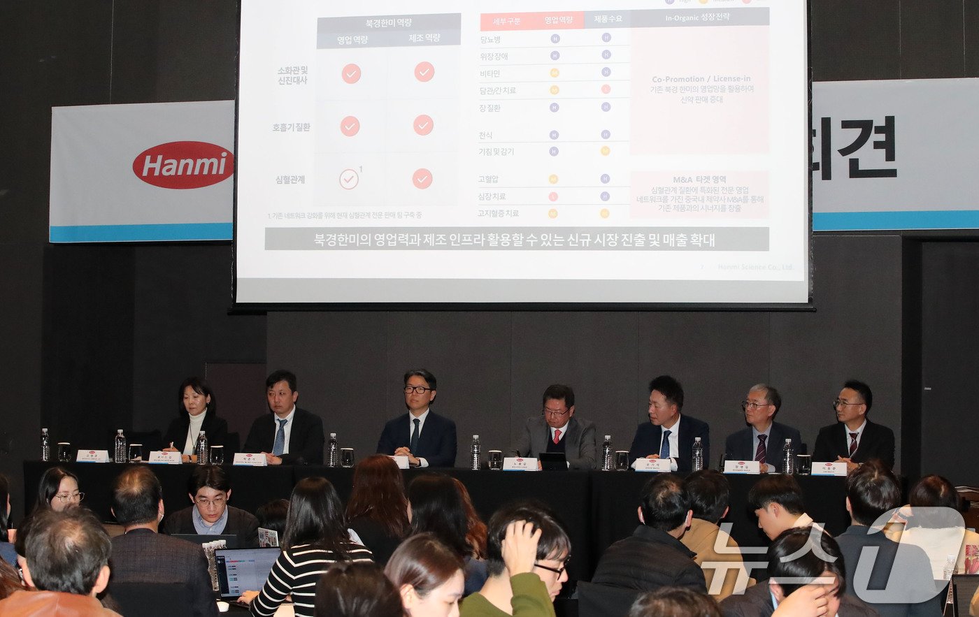 본문 이미지 - 임종훈 한미사이언스 대표이사가 7일 서울 여의도 글래드호텔에서 열린 기업가치 제고를 위한 한미그룹 밸류업 및 중장기 성장전략 기자회견에 참석해 자리하고 있다. 왼쪽부터 로이스 김 한미그룹 브랜드본부장 부사장, 박준석 한미사이언스 헬스케어 사업부문 부사장, 임 대표이사, 노용갑 한미사이언스 부회장. 우기석 온라인팜 대표이사, 장영길 한미정밀화확 대표이사, 이동환 JVM　대표이사. 2024.11.7/뉴스1 ⓒ News1 박세연 기자