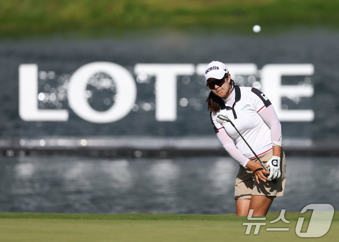 본문 이미지 - 김아림이 7일(현지시간) 미국 하와이 에바비치 호아칼레이CC에서 열린 '롯데 챔피언십' 2라운드 18번 홀에서 칩샷하고 있다. (대홍기획 제공) 2024.11.8/뉴스1
