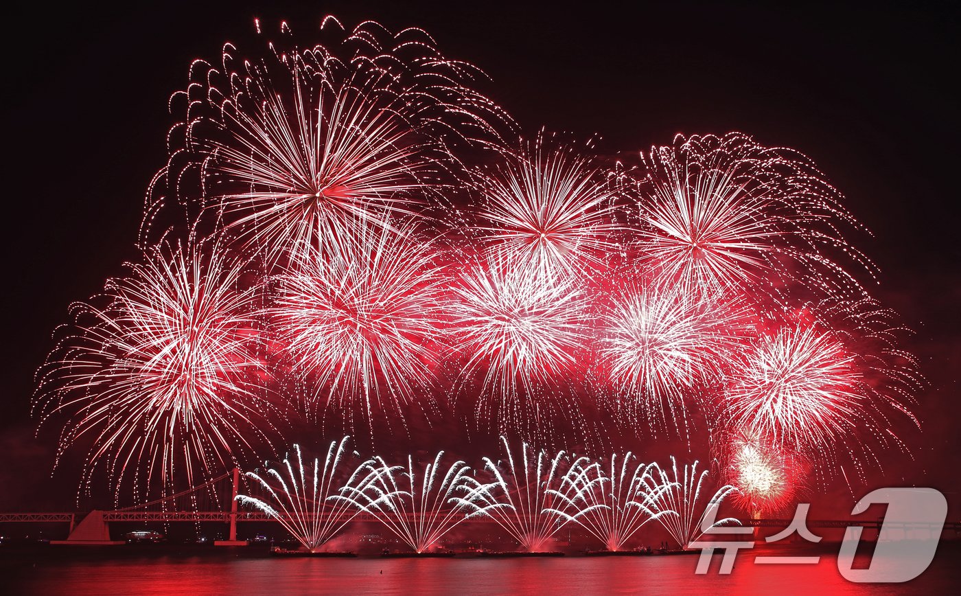 본문 이미지 - 9일 오후 부산 수영구 광안리해수욕장 일대에서 열린 '제19회 부산불꽃축제'에서 화려한 불꽃이 부산 밤바다를 수놓고 있다. 2024.11.9/뉴스1 ⓒ News1 윤일지 기자