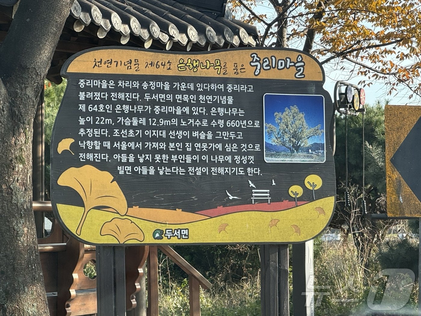 본문 이미지 - 12월의 첫 주말을 맞은 1일 오후 울산 울주군 두서면 구량리. 은행나무를 보러 가는 길목에 위치한 중리마을의 안내문.2024.12.1./뉴스1 김세은 기자