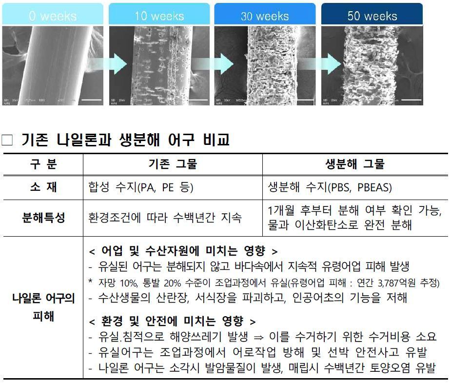 생분해 어구 분해 과정&#40;위쪽&#41;과 기존 나일론 어구와의 비교&#40;해양수산부 제공&#41;