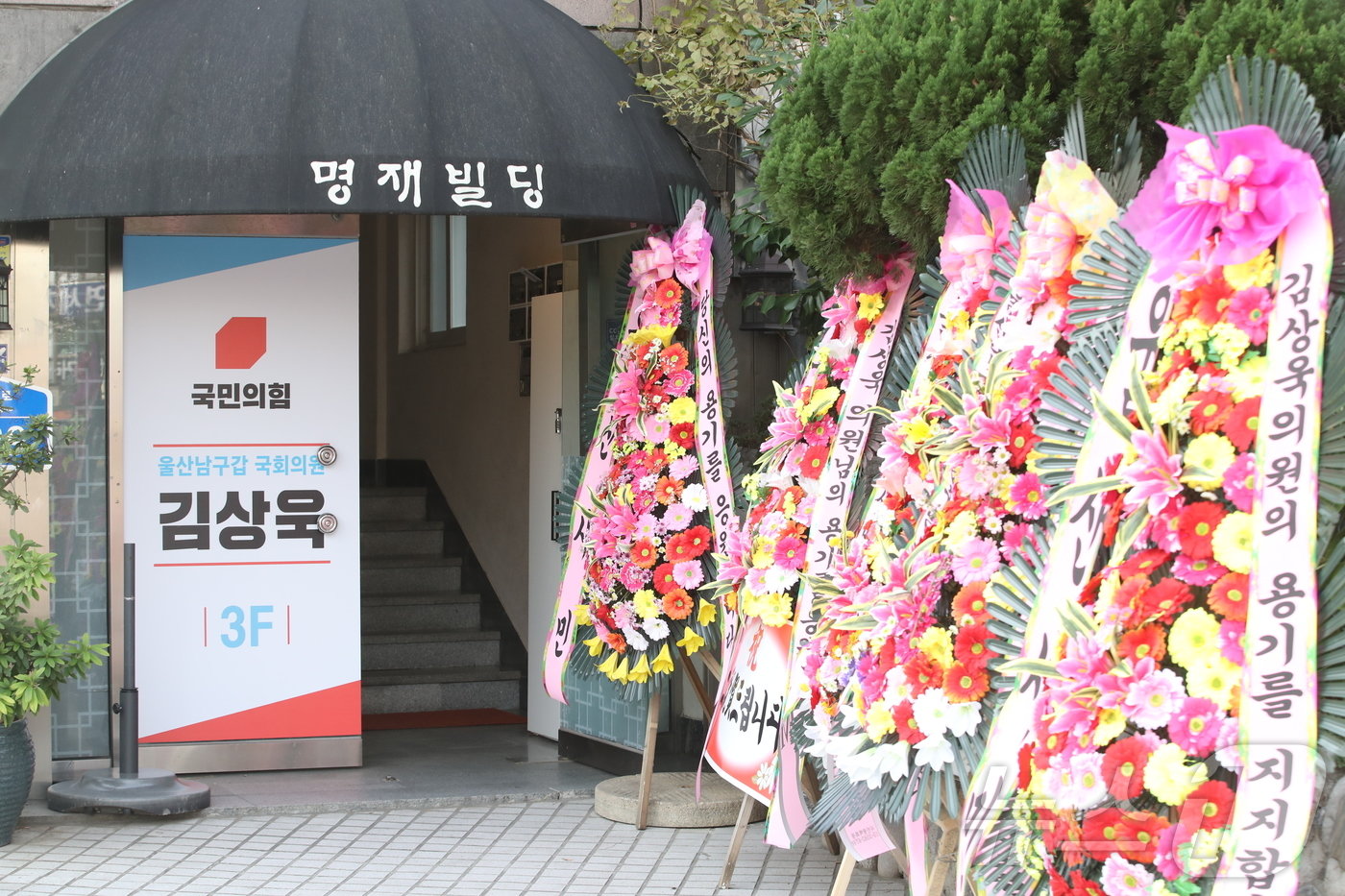 본문 이미지 - 11일 오전 울산 남구 신정동 김상욱 국민의힘 의원 사무실 앞에 탄핵 찬성 입장을 표명한 김 의원을 응원하는 화환이 세워져 있다. 2024.12.11/뉴스1 ⓒ News1 김세은 기자