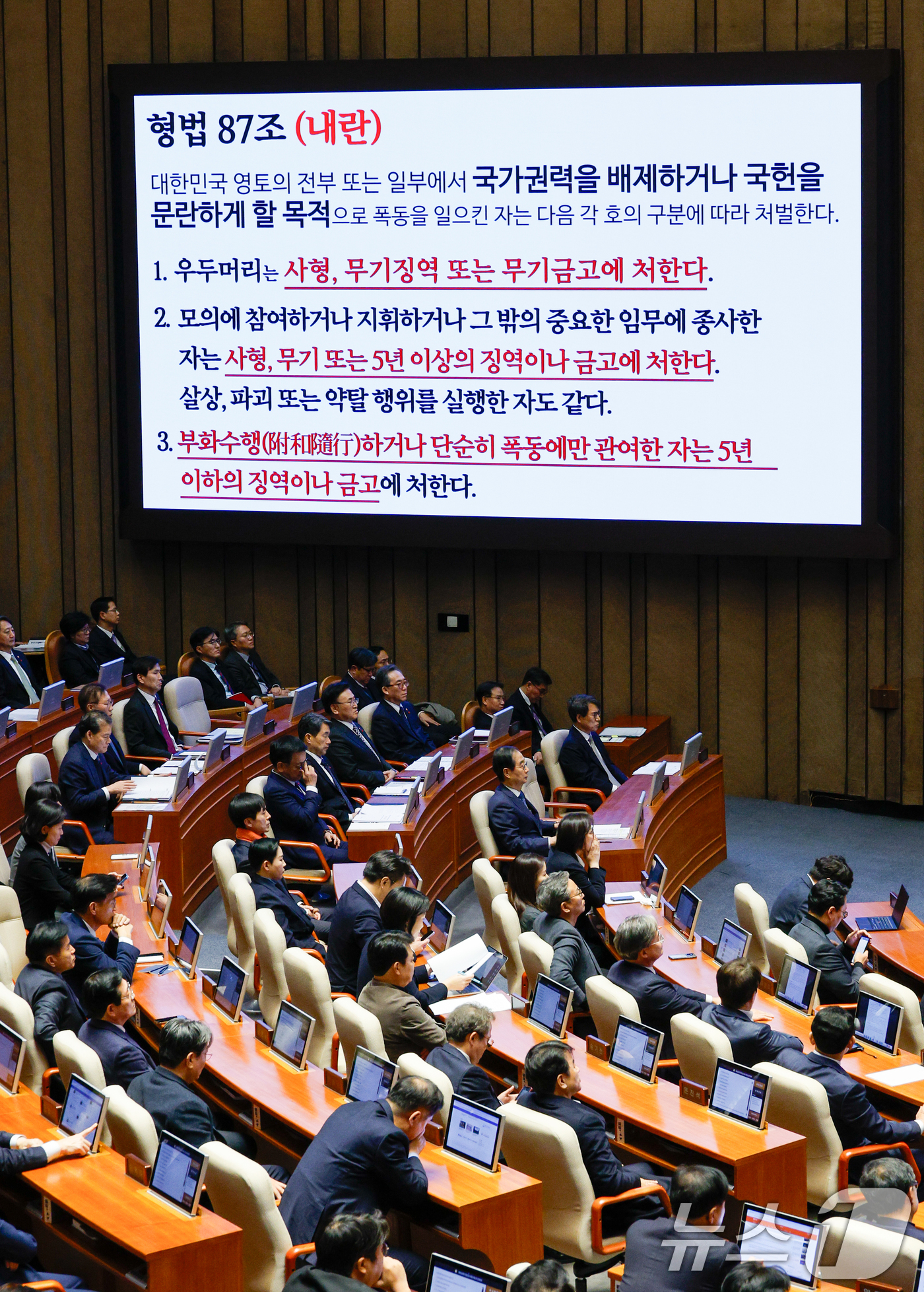 (서울=뉴스1) 안은나 기자 = 한덕수 국무총리를 비롯한 국무위원들이 11일 오후 서울 여의도 국회에서 열린 제419회국회(임시회) 제1차 본회의에서 서영교 더불어민주당 의원의 윤 …