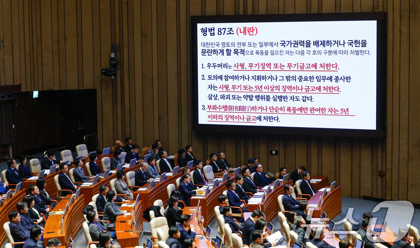 한덕수 국무총리를 비롯한 국무위원들이 11일 오후 서울 여의도 국회에서 열린 제419회국회&#40;임시회&#41; 제1차 본회의에서 서영교 더불어민주당 의원의 윤석열 대통령 위헌적 비상계엄 선포 내란행위 관련 긴급현안질문을 듣는 동안 화면을 통해 형법 87조 내용이 나오고 있다. 2024.12.11/뉴스1 ⓒ News1 안은나 기자