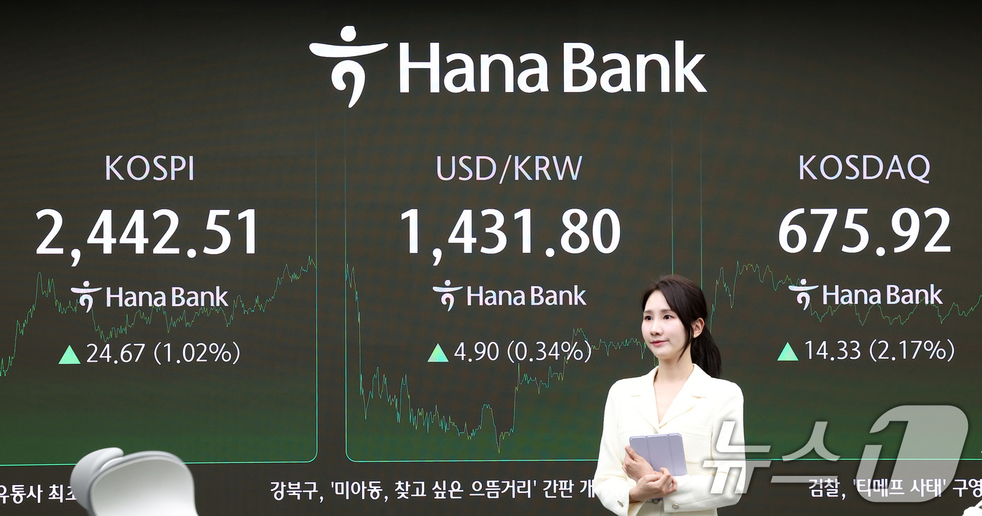 (서울=뉴스1) 김성진 기자 = 11일 서울 중구 하나은행 본점 딜링룸 전광판에 증시 종가가 표시되고 있다.이날 코스피 지수는 전 거래일 대비 24.67p(1.02%) 상승한 2, …