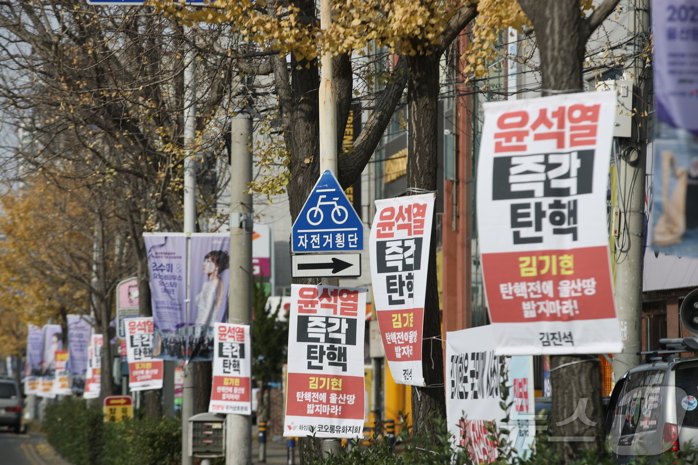 탄핵소추안 표결을 하루 앞둔 13일 오후 울산 남구 도로에 &#39;윤석열 즉각 탄핵&#39; 현수막이 걸려 있다. 2024.12.13/뉴스1 ⓒ News1 김세은 기자