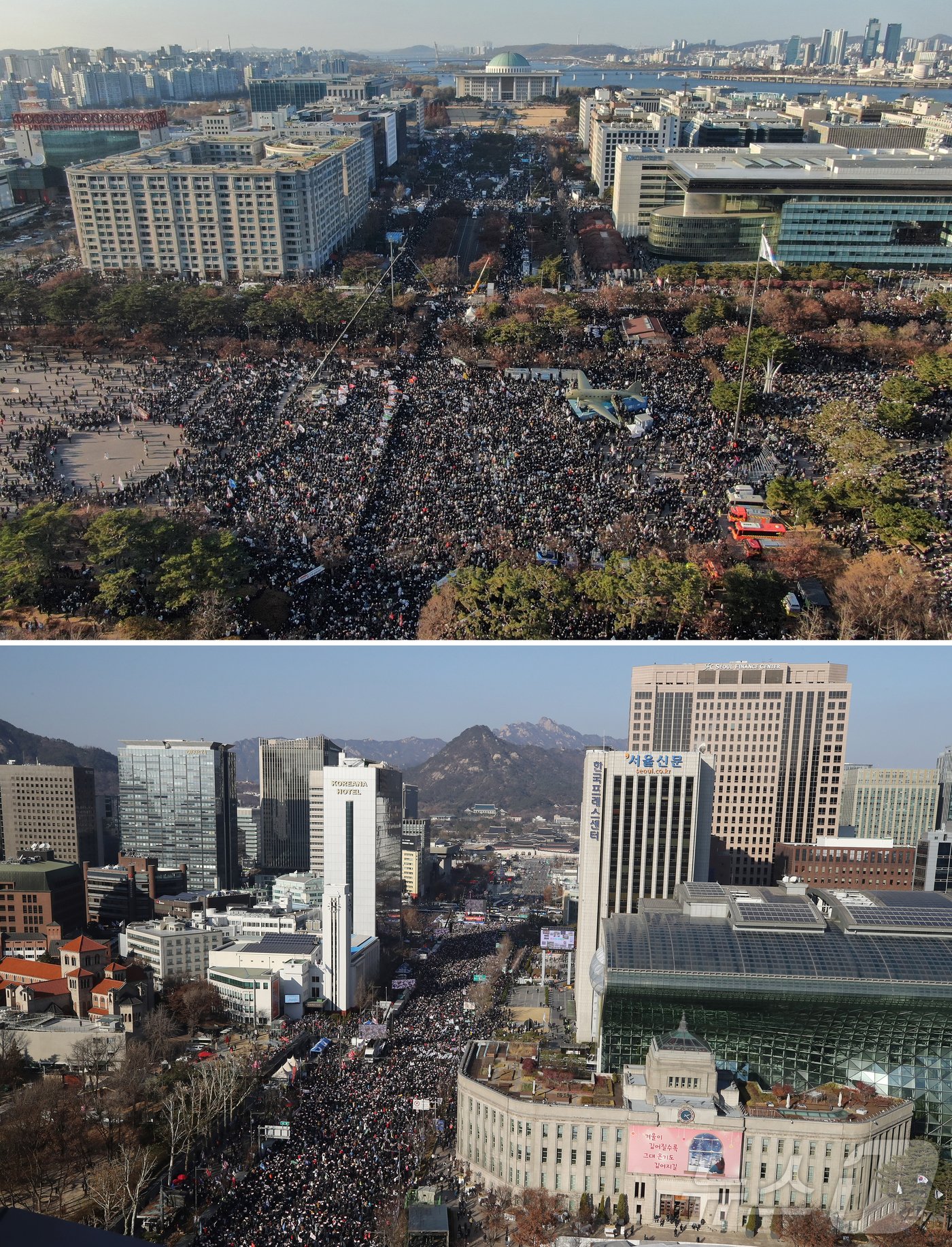 윤석열 대통령에 대한 두 번째 탄핵소추안 국회 표결일인 14일 오후 서울 영등포구 여의도 국회의사당 앞에서 열린 &#39;범국민 촛불대행진&#39;에 참석한 시민들이 국회 앞에서부터 여의도공원에 이르기까지 거리를 가득 메우고 있다. 사진 아래는 종로구 동화면세점 앞에는 보수성향 단체인 대한민국바로세우기국민운동본부&#40;대국본&#41; 주최로 탄핵을 반대하는 &#39;자유 대한민국 수호 국민혁명대회&#39;가 열리고 있다. 2024.12.14/뉴스1 ⓒ News1 박세연 기자,민경석 기자