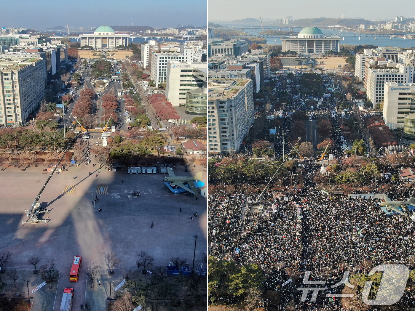 (서울=뉴스1) 민경석 기자 = 14일 서울 영등포구 여의도 국회의사당 앞부터 여의도공원에 이르기까지 한산했던 일대가 윤석열 대통령의 탄핵을 촉구하는 시민들이 모여들면서 인산인해를 …