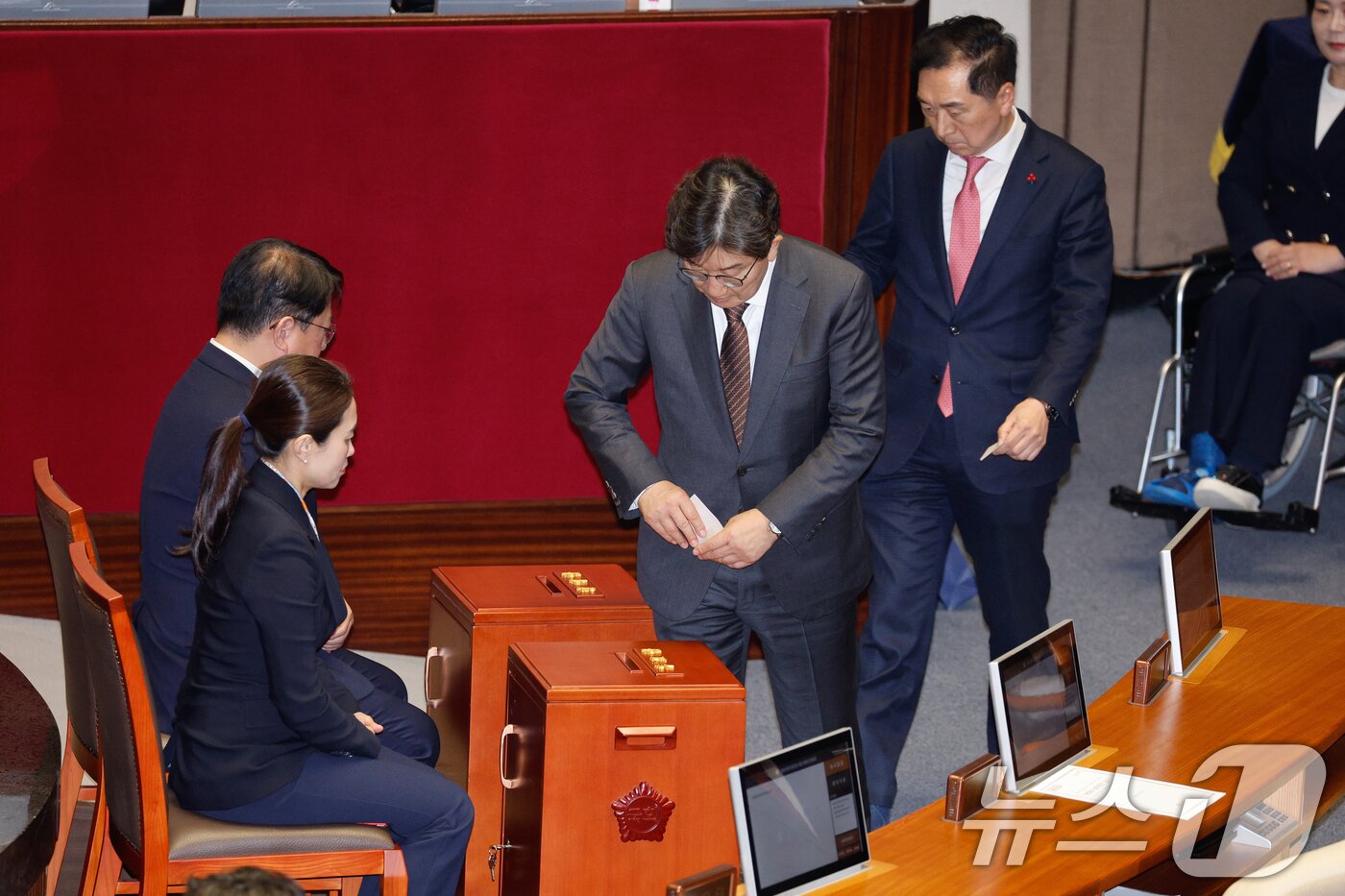 본문 이미지 - 2024년 12월 14일 오후 권성동 국민의힘 원내대표, 김기현 의원이 서울 여의도 국회에서 열린 제419회국회(임시회) 제4차 본회의에서 윤석열 대통령 탄핵소추안 무기명 투표를 하고 있다. 2024.12.14/뉴스1 ⓒ News1 안은나 기자