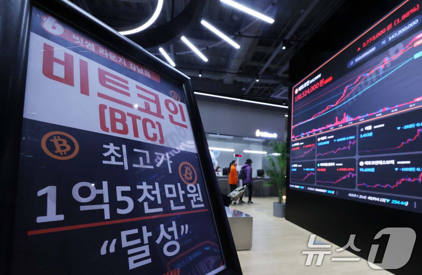 본문 이미지 - 비트코인 가격이 '신고가 랠리'를 이어가고 있는 16일 오후 서울 서초구 빗썸라운지 시황판. 2024.12.16/뉴스1 ⓒ News1 황기선 기자