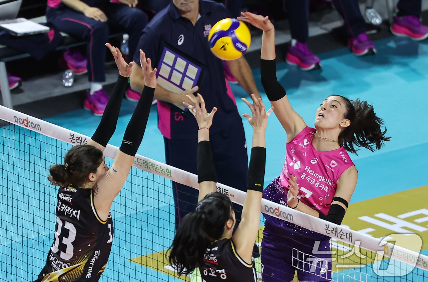 본문 이미지 - 17일 인천삼산체육관에서 열린 '2024-2025 도드람 V리그' 흥국생명과 정관장의 경기, 흥국생명 투트크가 공격을 하고 있다. 2024.12.17/뉴스1 ⓒ News1 김도우 기자