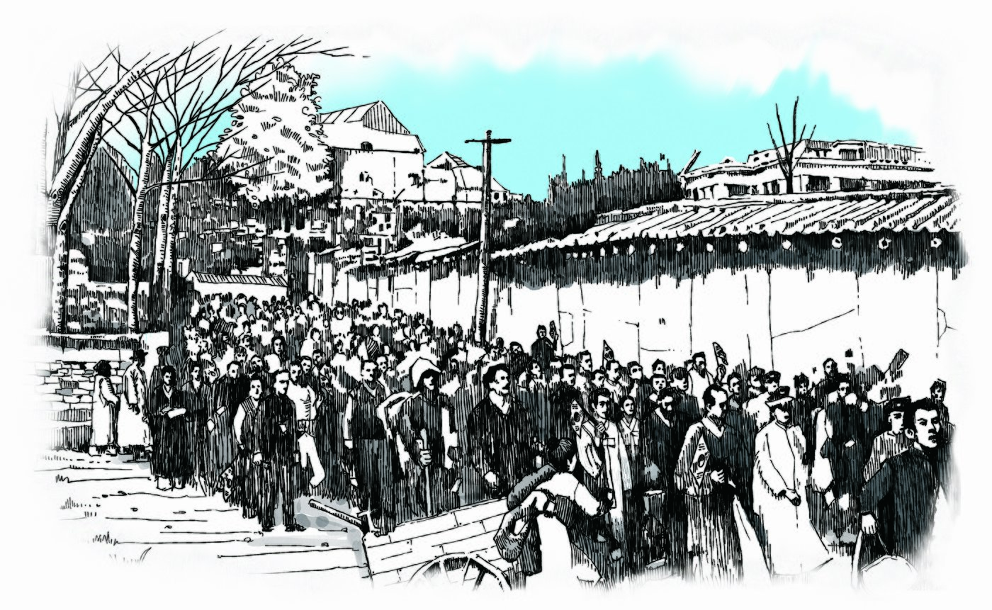 본문 이미지 - 3·1운동 당시 미국영사관 앞의 모습을 표현한 펜일러스트.&#40;국가보훈부 제공&#41;