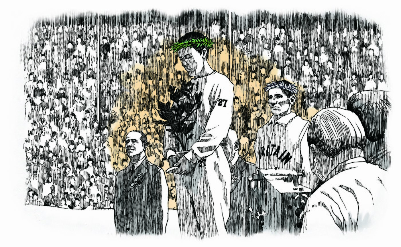 본문 이미지 - 1936년 베를린 올림픽 마라톤 시상식에서의 손기정 선수.&#40;국가보훈부 제공&#41;