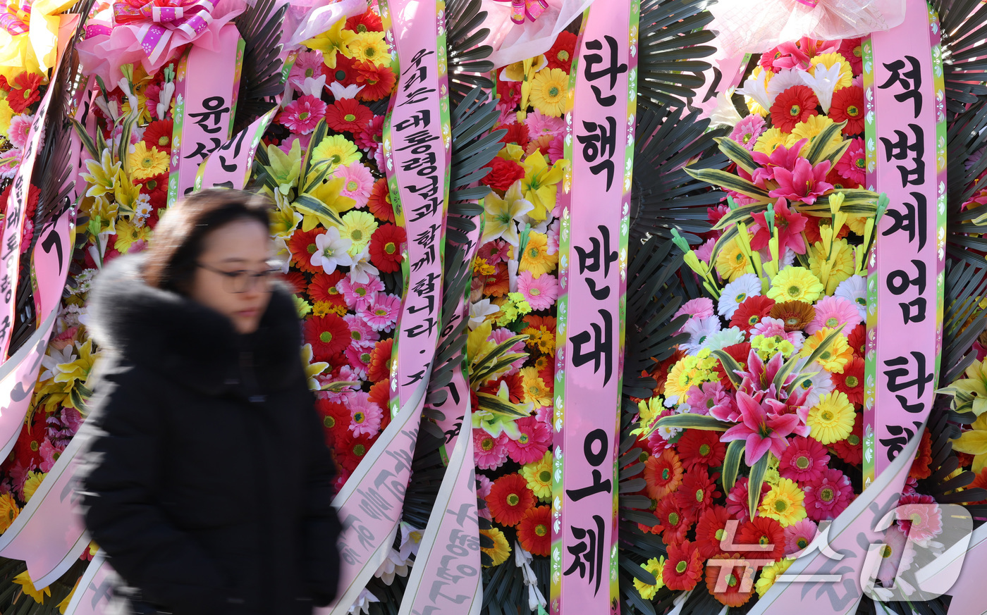 (서울=뉴스1) 김성진 기자 = 12.3 비상계엄 관련 윤석열 대통령의 탄핵심판을 앞둔 18일 서울 종로구 헌법재판소 앞에 윤석열 대통령 탄핵을 반대하는 화환이 놓여져 있다.이날 …