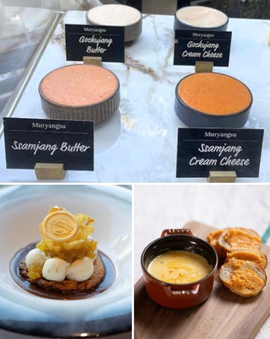 본문 이미지 - (위) 고추장 버터, 고추장 크림치즈, 쌈장 버터, 쌈장 크림치즈(아래) 좌: 고추장 벨벳 팔로마 칵테일, 우:쌈장버터&모짜렐라 포크 커틀렛사진=캘리포니아유제품협회 제공