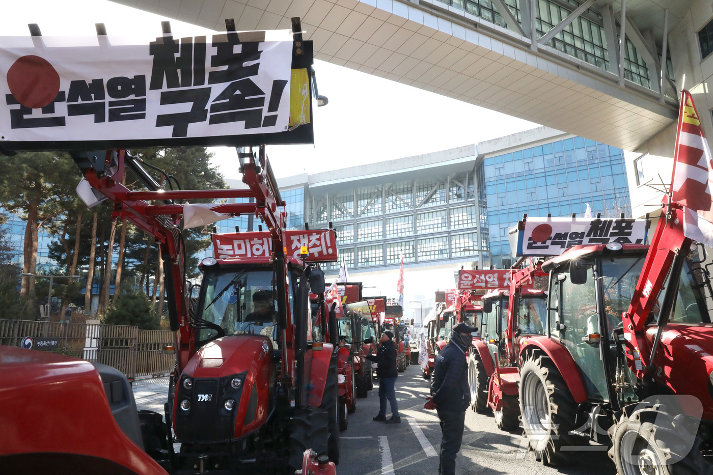 (세종=뉴스1) 김기남 기자 = 전국농민회총연맹 전봉준투쟁단 농민들이 19일 세종시 정부세종청사 농림축산식품부 앞에서 윤석열과 내란 가담자 구속 처벌, 국민의힘 해체, 농산물 최저 …