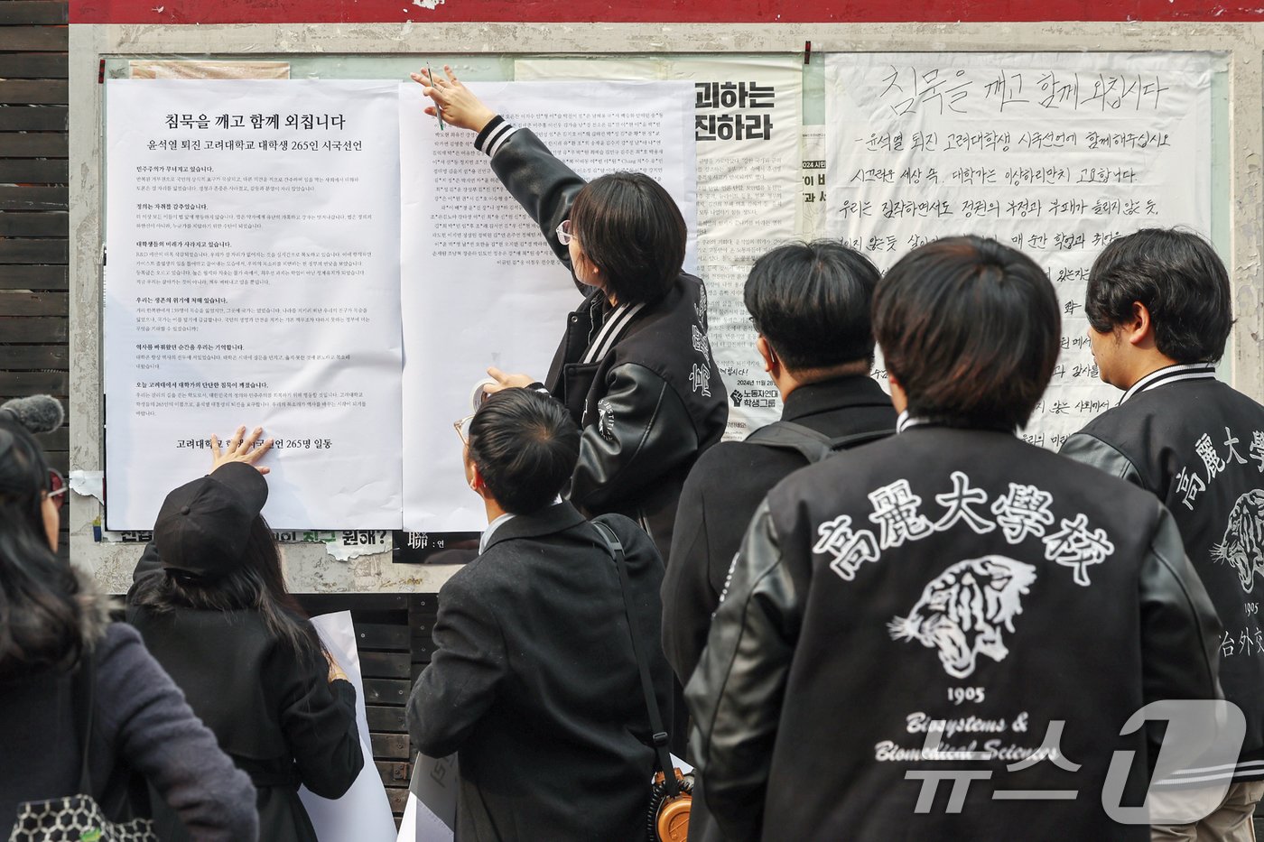 본문 이미지 - 윤석열 대통령의 퇴진을 요구하며 시국선언에 동참한 고려대학교 학생들이 2일 오후 서울 성북구 고려대학교 정경대 후문 게시판에 대자보를 붙이고 있다. 2024.12.2/뉴스1 ⓒ News1 민경석 기자