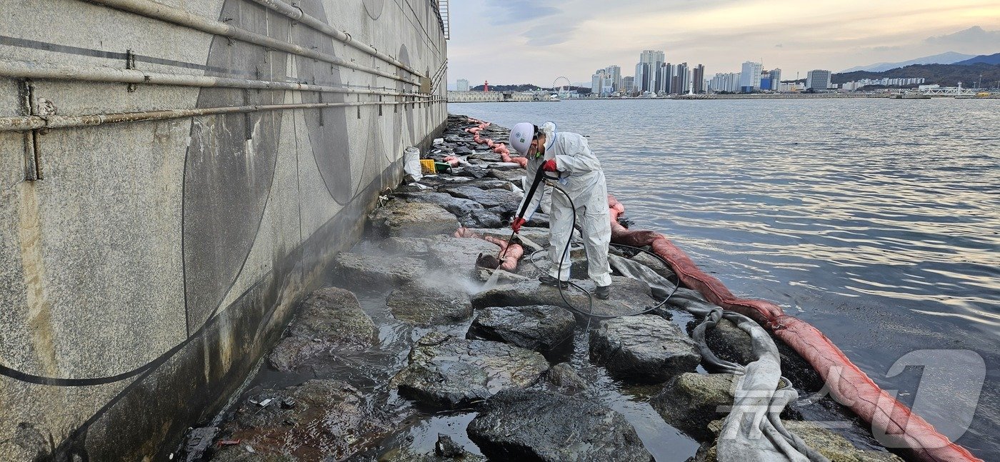 본문 이미지 - 속초해양경찰서 소속 경찰관들이 2일 강원 속초 동명항 북방파제 일대에서 긴급방제 작업을 벌이고 있다.&#40;속초해경 제공&#41; 2024.12.2/뉴스1
