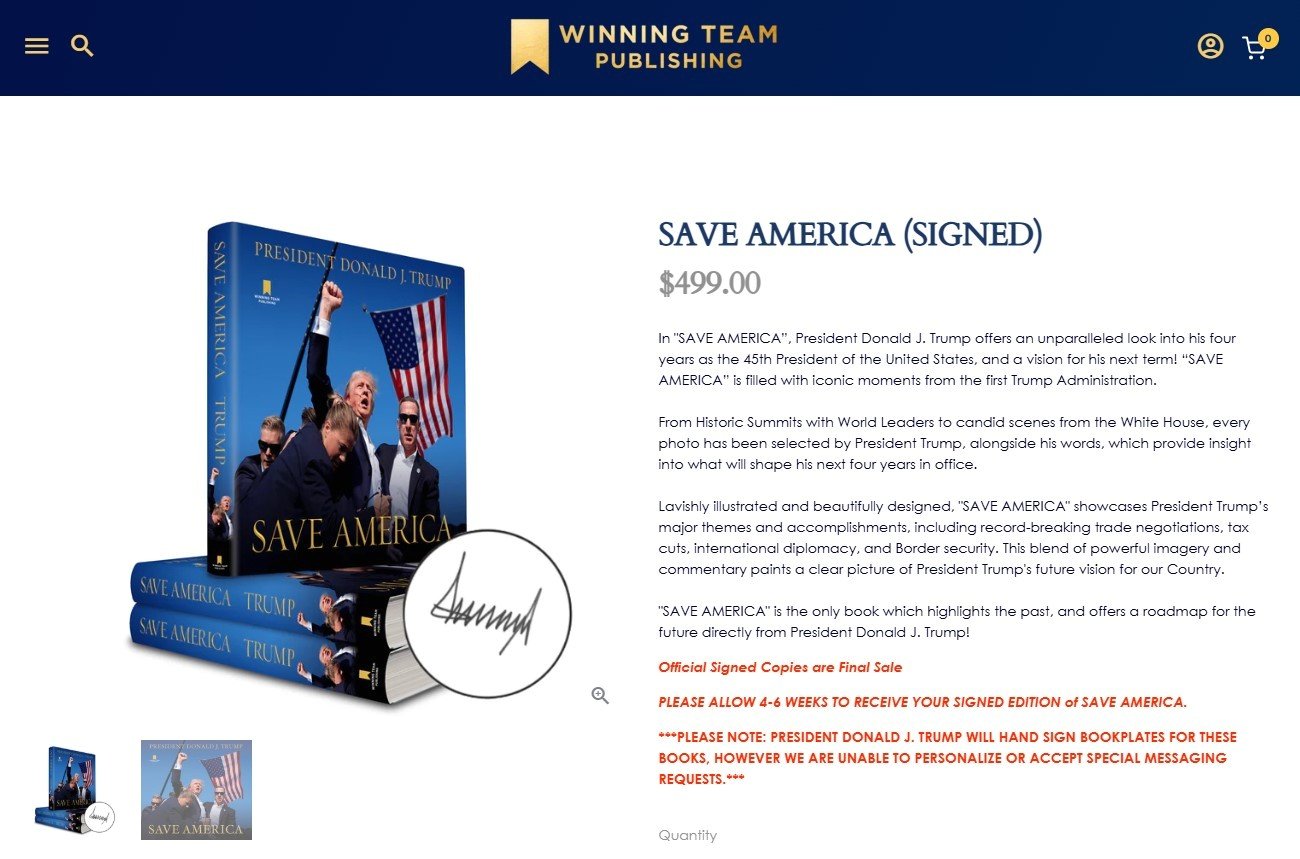 본문 이미지 - 트럼프 당선인의 공식 출판사 '위닝팀 퍼블리싱' 누리집에 게재된 '세이브 아메리카' 화보집 서명본 갈무리. 서명본은 일반 화보집에 비해 5배 이상 비싼 가격에 판매하고 있다. 2024.12.20/