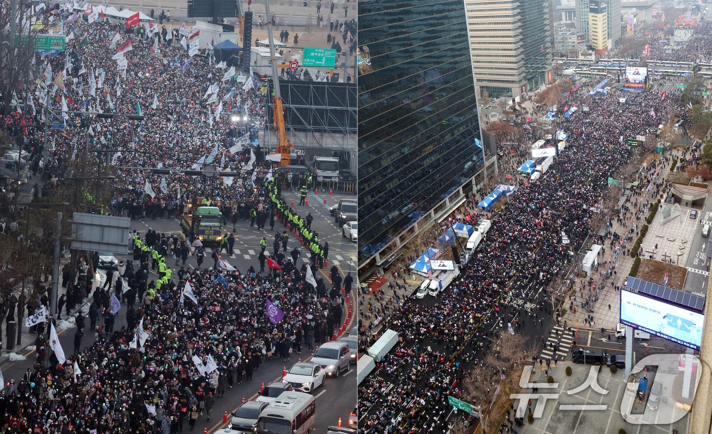 21일 서울 광화문 동십자각에서 열린 윤석열즉각퇴진·사회대개혁 비상행동 범국민촛불대행진에서 시민들이 명동으로 행진하고 있다.&#40;왼쪽&#41; 한편 서울 종로구 광화문 동화면세점 앞에서 열린 대한민국바로세우기국민운동본부 주최 &#39;대통령 탄핵 반대 자유민주주의 수호 광화문 국민혁명대회&#39;에서 참가자들이 구호를 외치고 있다. 2024.12.21/뉴스1 ⓒ News1 김명섭 기자