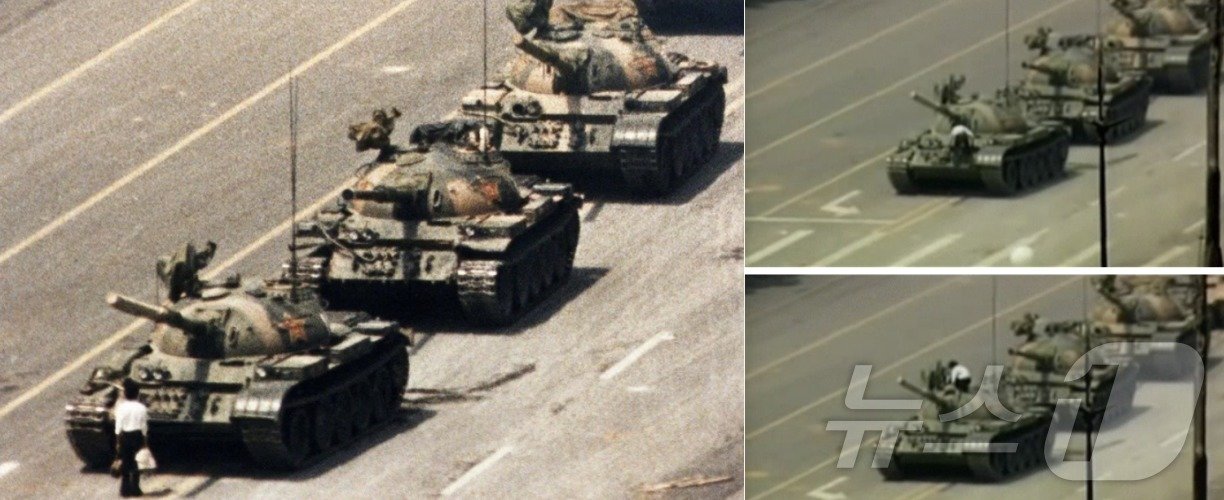 본문 이미지 -  1989년 6월 5일 대학생들의 민주화 시위를 진압하기 위해 천안문 광장으로 들어서는 인민해방군 탱크를 맨몸으로 가로막은 '천안문 탱크 맨'. (유튜브 갈무리) ⓒ 뉴스1