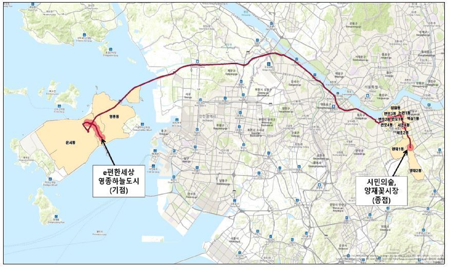 본문 이미지 - e편한세상영종하늘도시~시민의숲,양재꽃시장 노선(안)/국토교통부 제공