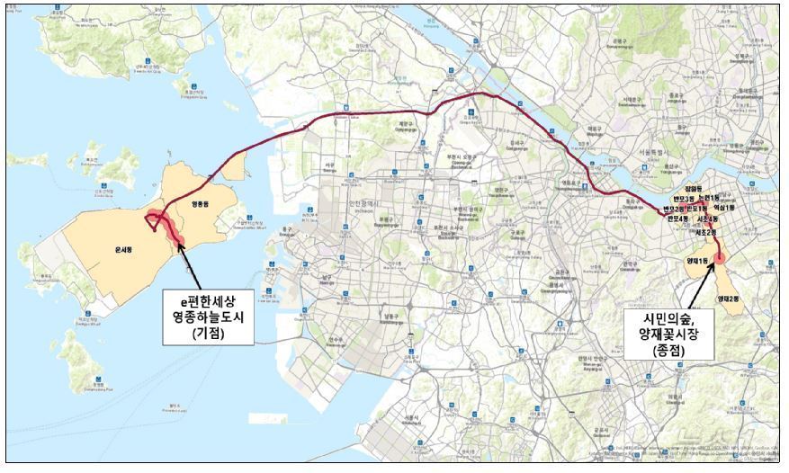 e편한세상영종하늘도시~시민의숲,양재꽃시장 노선&#40;안&#41;/국토교통부 제공