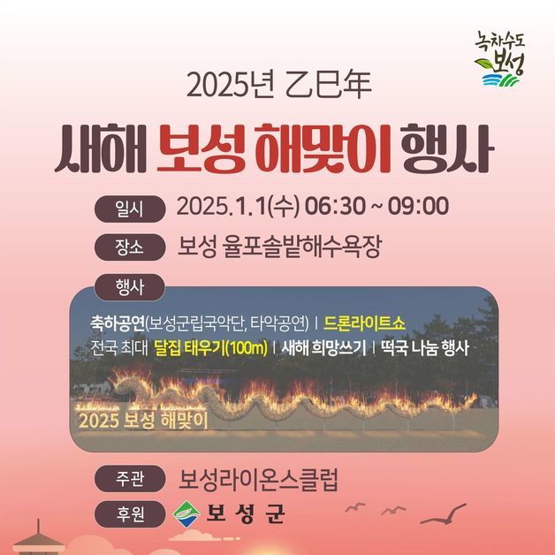 '푸른뱀의 해' 1월1일 해맞이는 보성 율포솔밭해수욕장서