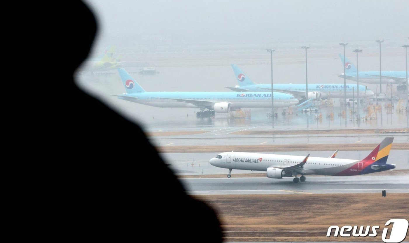 인천국제공항 계류장에 세워진 대한항공 항공기 앞으로 아시아나 항공기가 이륙하고 있다. 2024.1.14/뉴스1 ⓒ News1 장수영 기자