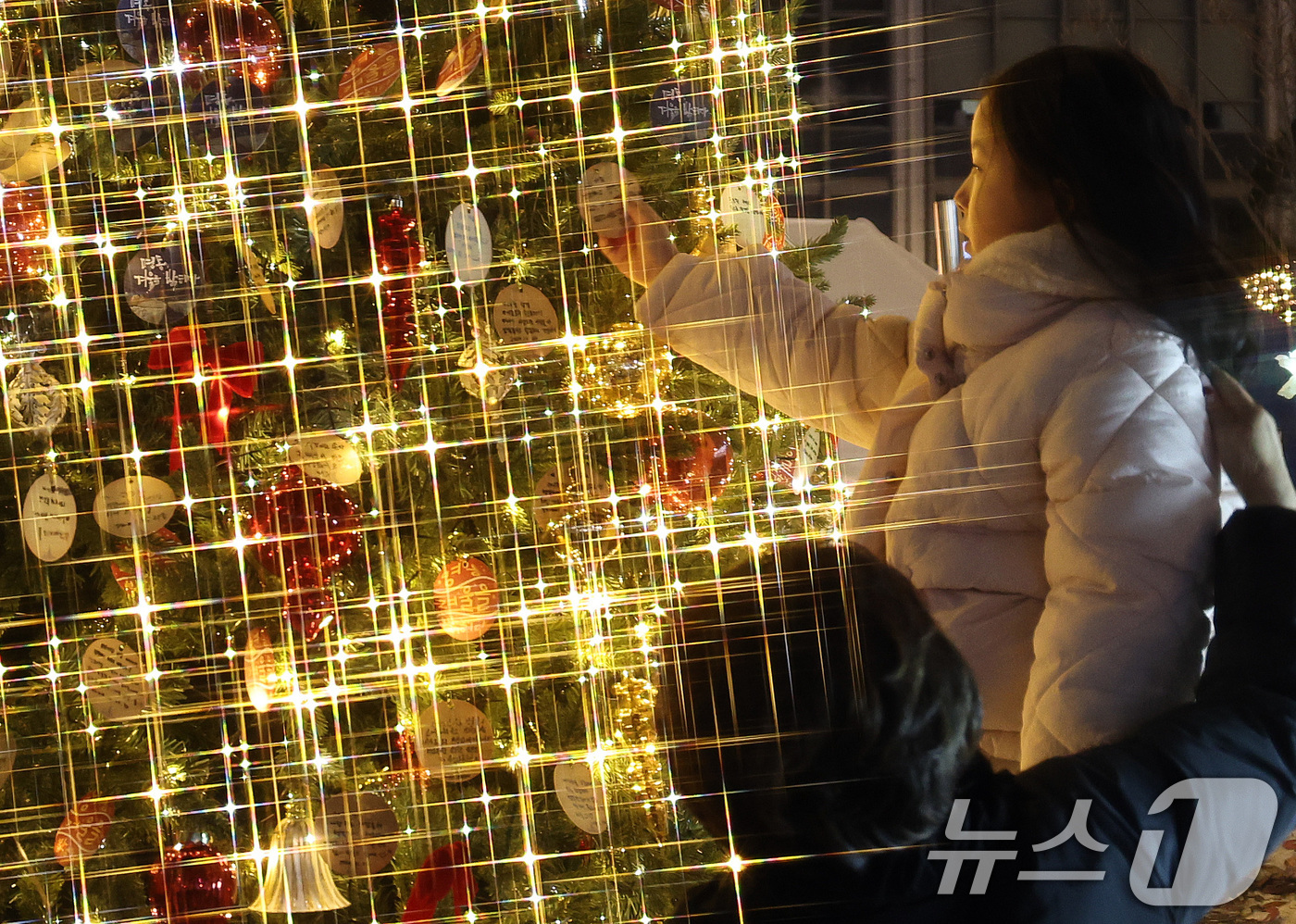 (서울=뉴스1) 구윤성 기자 = 크리스마스 이브인 24일 오후 서울 중구 명동성당 앞에서 어린이가 성탄트리에 소원지를 달고 있다. 2024.12.24/뉴스1