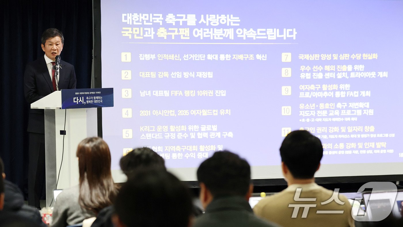 본문 이미지 - 4선에 도전하는 정몽규 대한축구협회장이 26일 서울 종로구 축구회관에서 후보 공약을 발표하고 있다. 2024.12.26/뉴스1 ⓒ News1 박지혜 기자