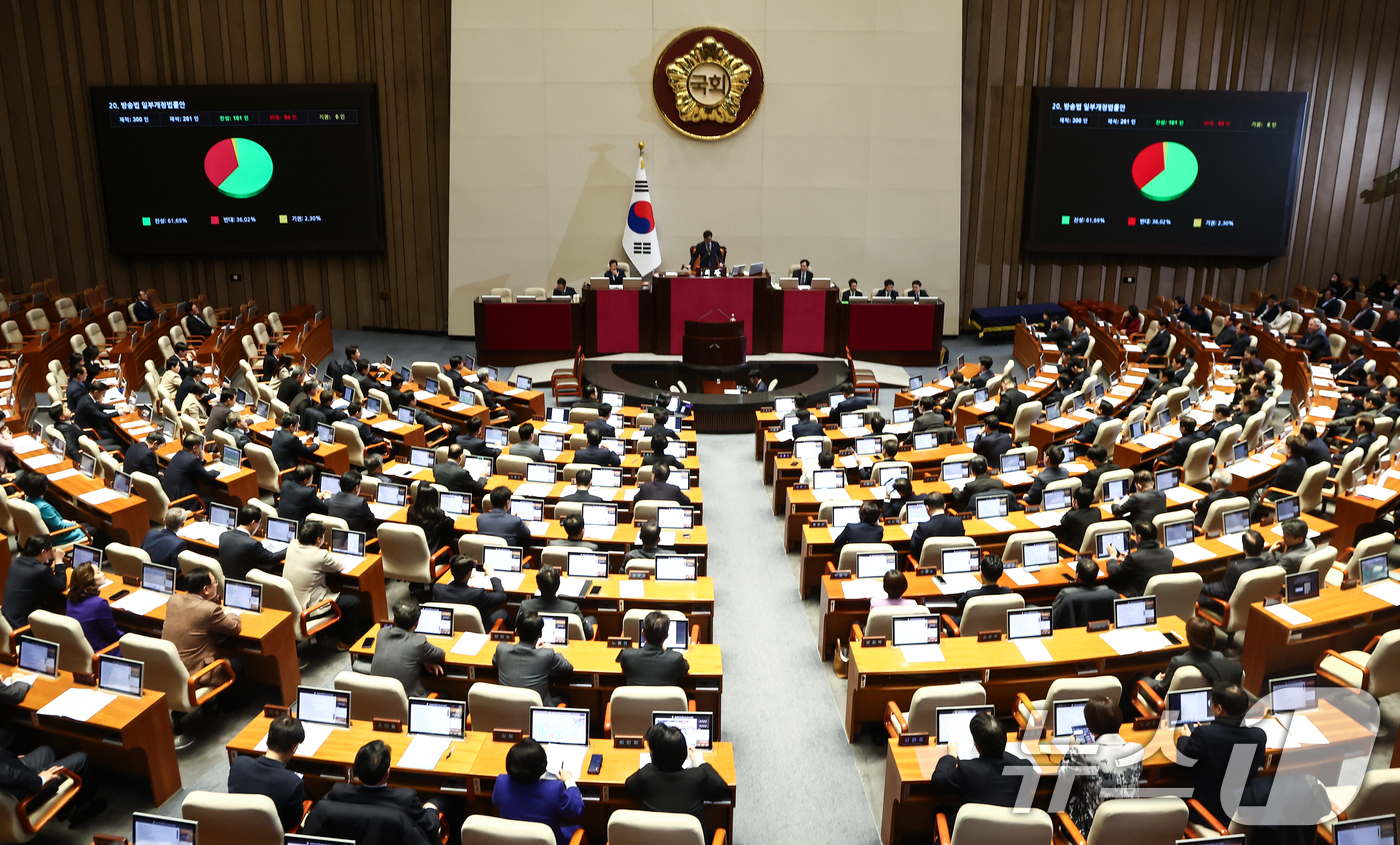 (서울=뉴스1) 김민지 기자 = 26일 오후 서울 여의도 국회에서 열린 제420회국회(임시회) 제1차 본회의에서 방송법 일부개정법률안이 재적 300인 중 재석 261인, 찬성 16 …