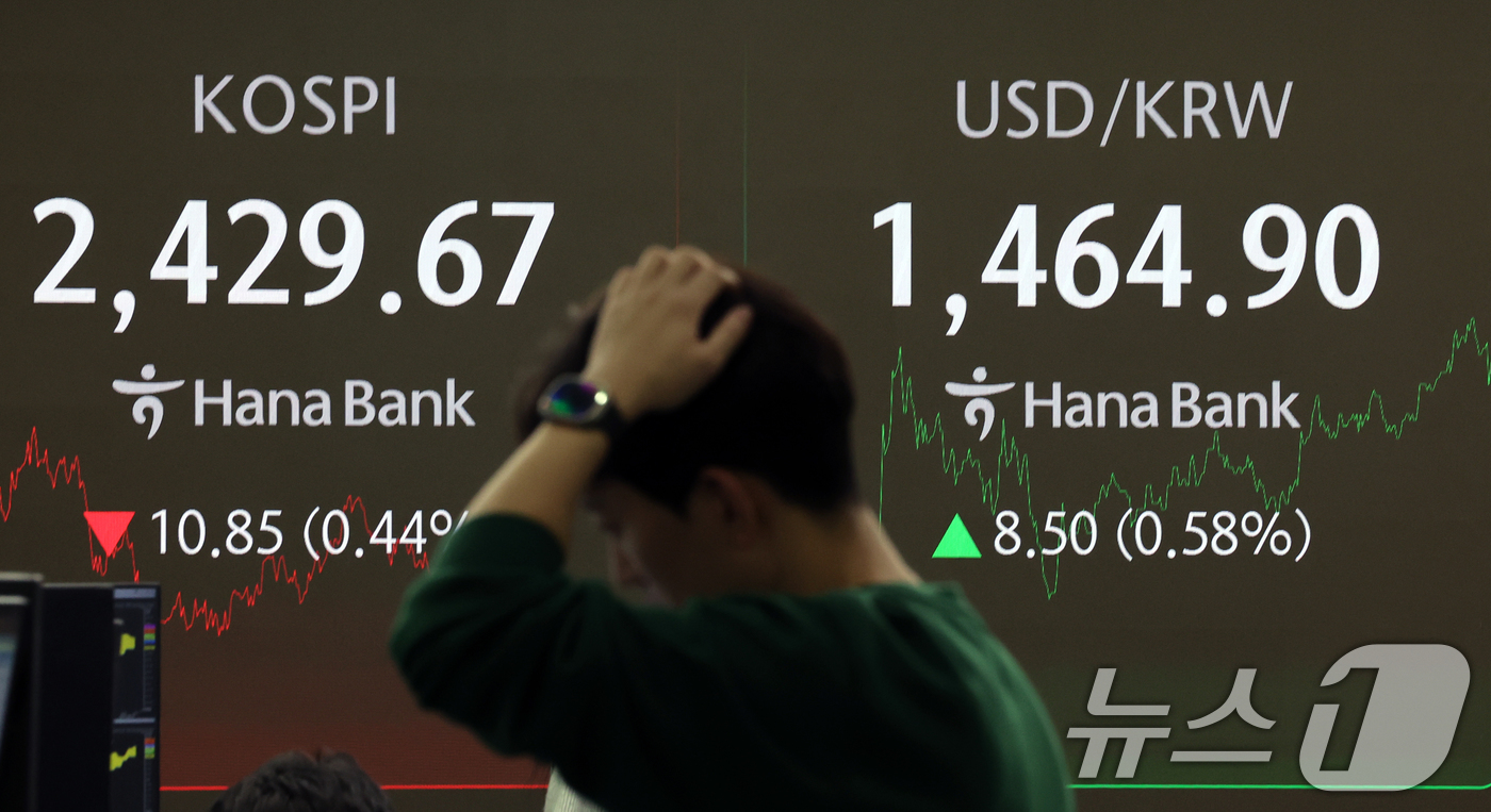(서울=뉴스1) 황기선 기자 = 26일 오후 서울 중구 하나은행 본점 딜링룸에 증시 종가가 표시되고 있다.이날 코스피 지수는 전 거래일 대비 10.85p(0.44%) 하락한 2,4 …