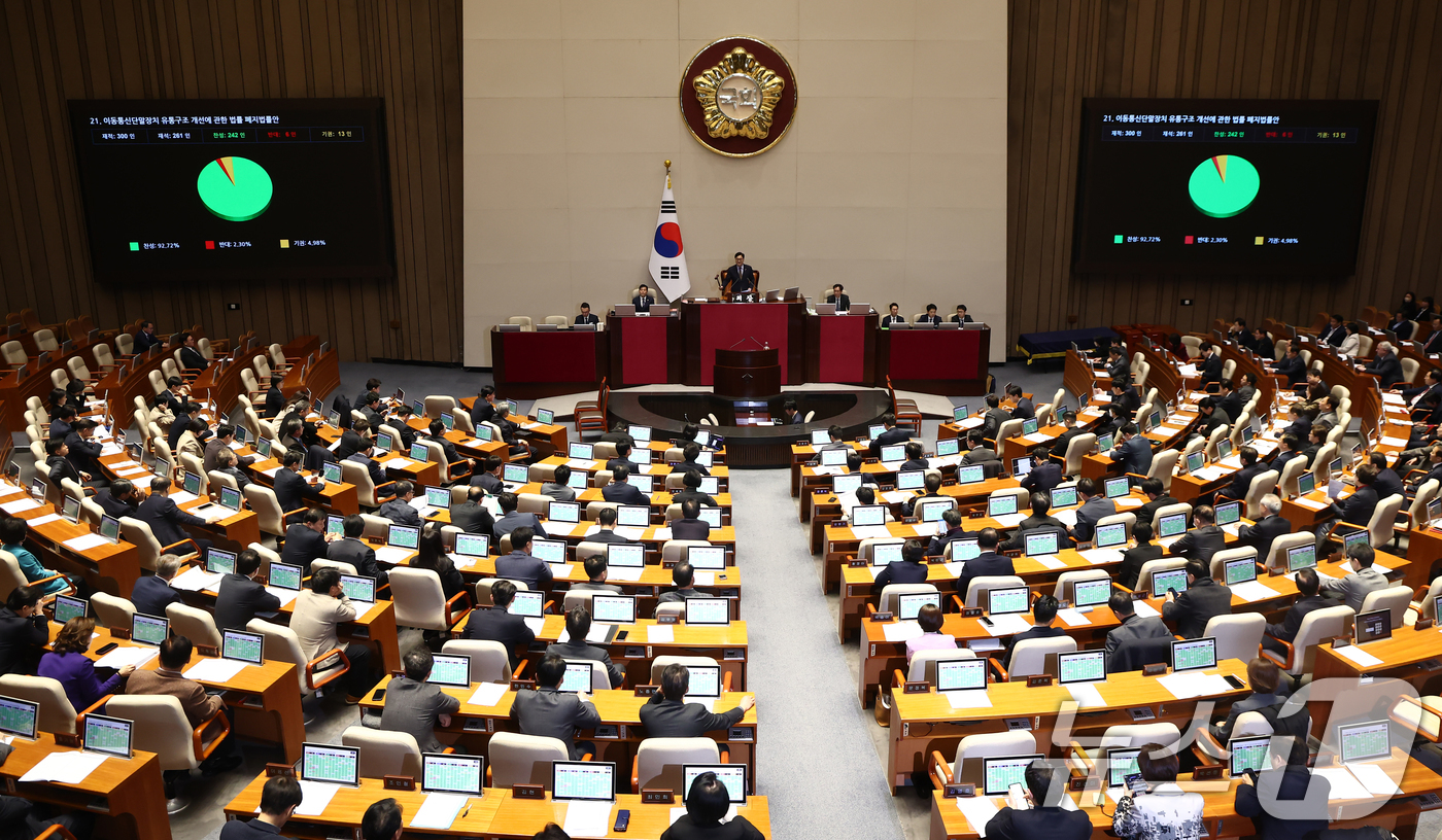 (서울=뉴스1) 김민지 기자 = 26일 오후 서울 여의도 국회에서 열린 제420회국회(임시회) 제1차 본회의에서 '이동통신단말장치 유통구조 개선에 관한 법률 폐지법률안'이 재적 3 …