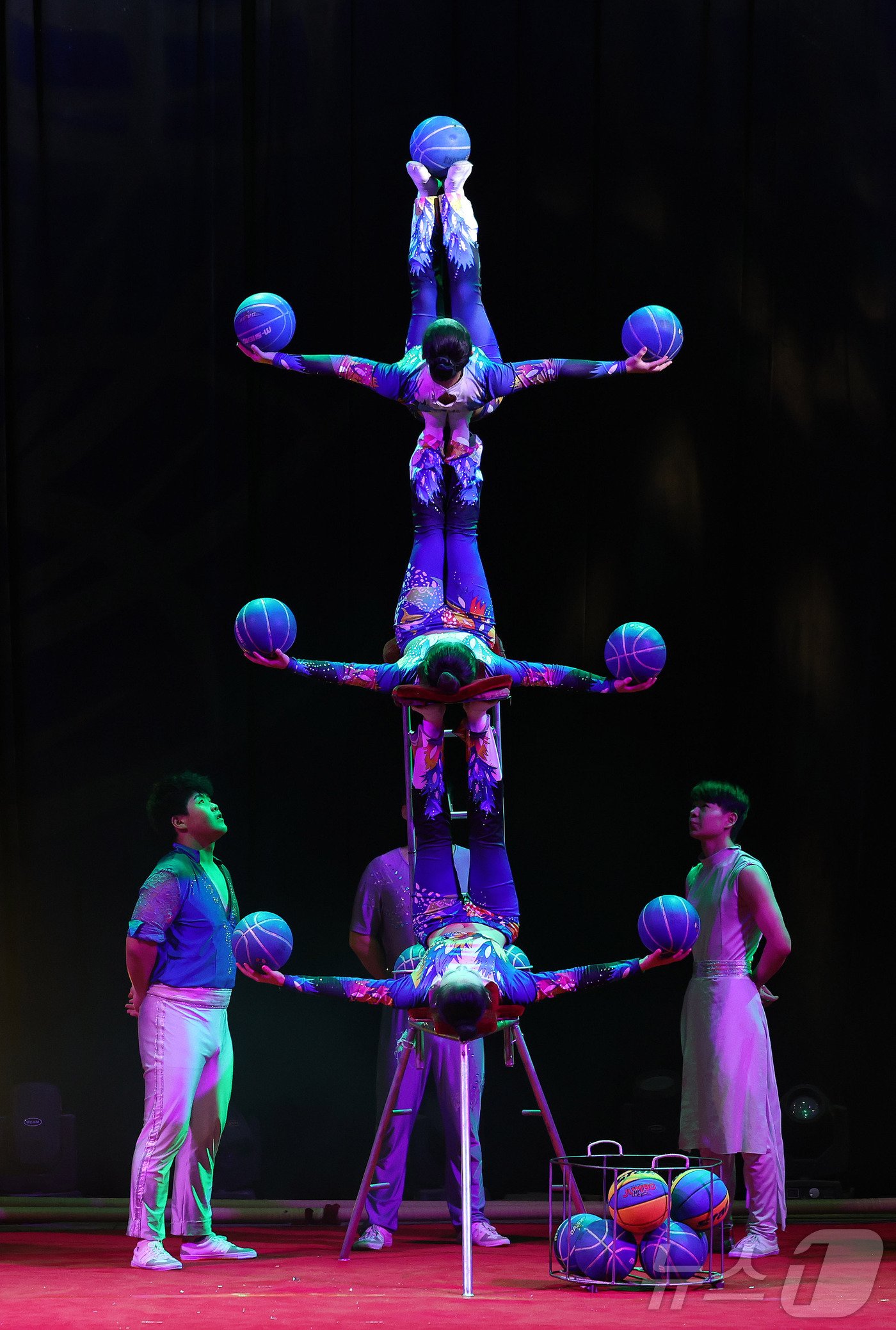 본문 이미지 -  동춘서커스 곡예사들이 단체 농구공 저글링을 선보이고 있다.  ⓒ News1 박지혜 기자