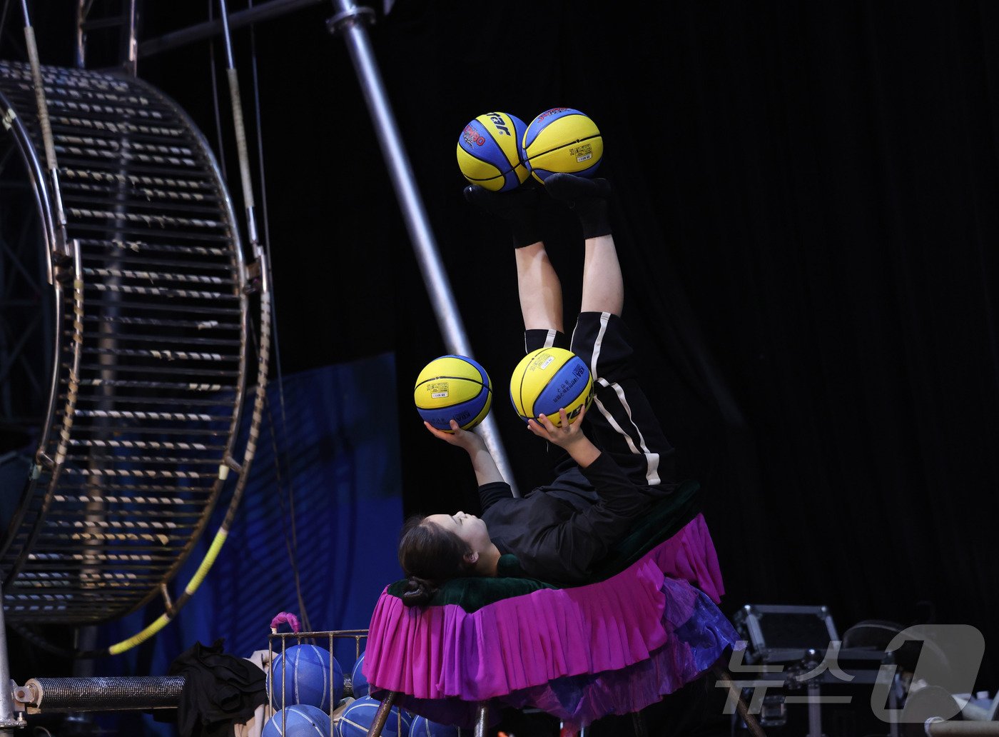 본문 이미지 -  오전 9시, 동춘서커스의 무대는 구슬땀 흘리며 연습하는 곡예사들로 활기가 넘친다. ⓒ News1 박지혜 기자