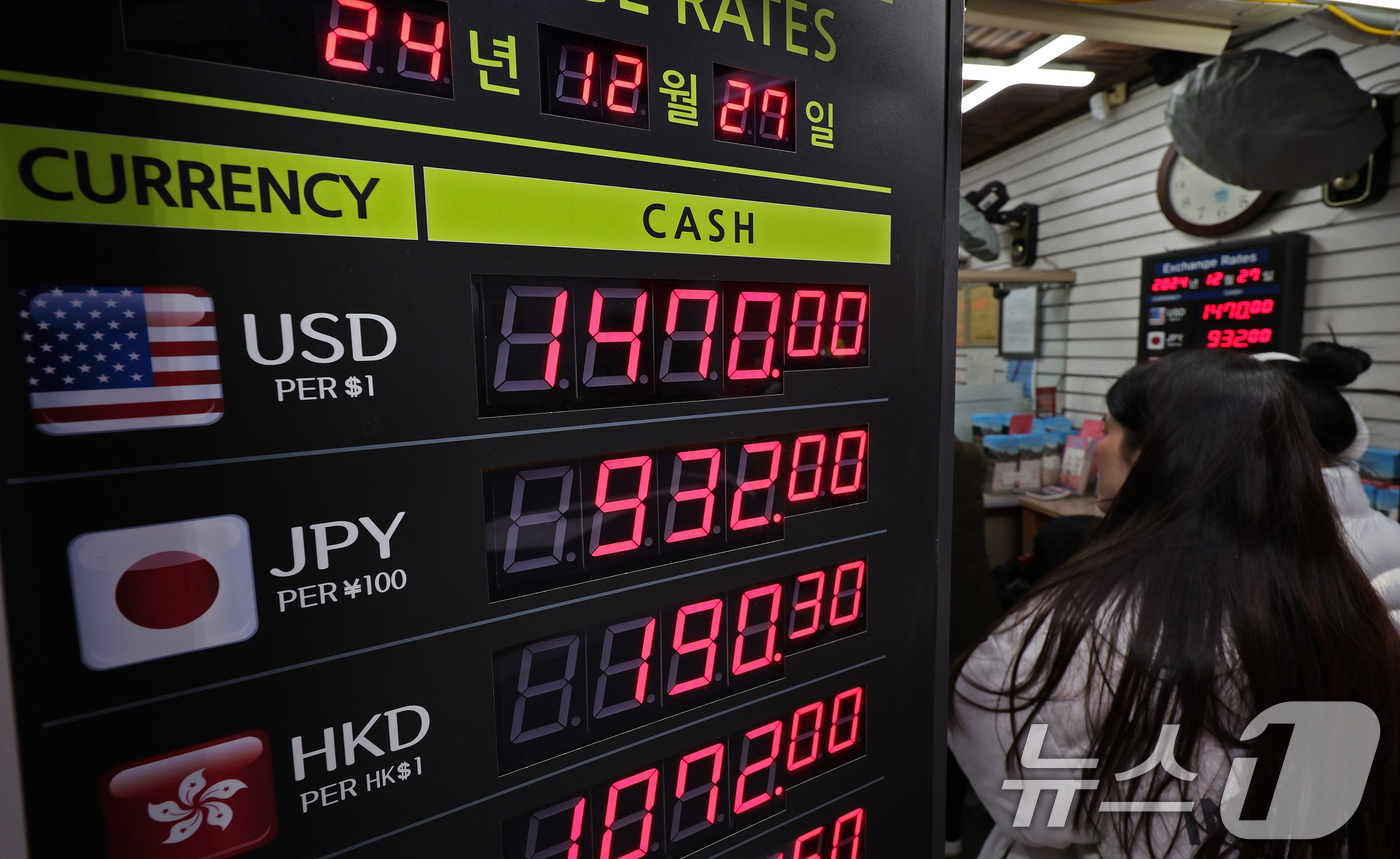 (서울=뉴스1) 장수영 기자 = 27일 오후 서울 중구 명동거리에 위치한 환전소 전광판에 외화당 팔 때 가격이 표시되고 있다.이날 서울 외환시장에서 달러·원 환율은 장중 한때 14 …