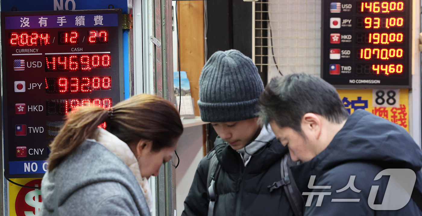 (서울=뉴스1) 장수영 기자 = 27일 오후 서울 중구 명동거리에 위치한 환전소 전광판에 외화당 팔 때 가격이 표시되고 있다.이날 서울 외환시장에서 달러·원 환율은 장중 한때 14 …