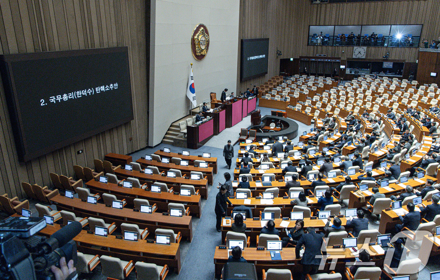 (서울=뉴스1) 이재명 기자 = 우원식 국회의장이 27일 오후 서울 여의도 국회 본회의장에서 열린 제420회 국회(임시회) 제2차 본회의에서 국무총리(한덕수) 탄핵소추안을 가결시키 …