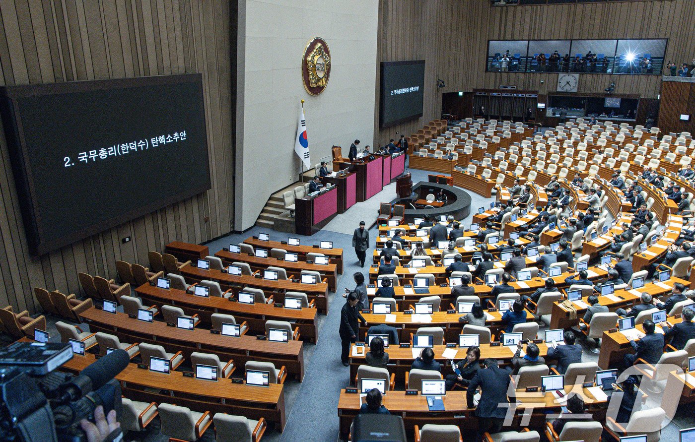 우원식 국회의장이 27일 오후 서울 여의도 국회 본회의장에서 열린 제420회 국회&#40;임시회&#41; 제2차 본회의에서 국무총리&#40;한덕수&#41; 탄핵소추안을 가결시키고 있다. 2024.12.27/뉴스1 ⓒ News1 이재명 기자