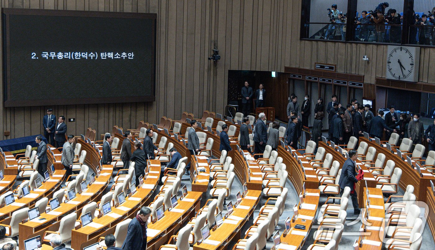 본문 이미지 - 국민의힘 의원들이 27일 오후 서울 여의도 국회에서 열린 제420회국회&#40;임시회&#41; 제2차 본회의에서 한덕수 대통령 권한대행 국무총리 탄핵소추안 탄핵 의결 정족수 과반에 대해 항의하며 본회의장을 떠나고 있다. 2024.12.27/뉴스1 ⓒ News1 이재명 기자