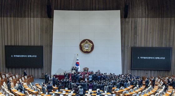 국무총리 탄핵소추안 상정…아수라장 된 국회