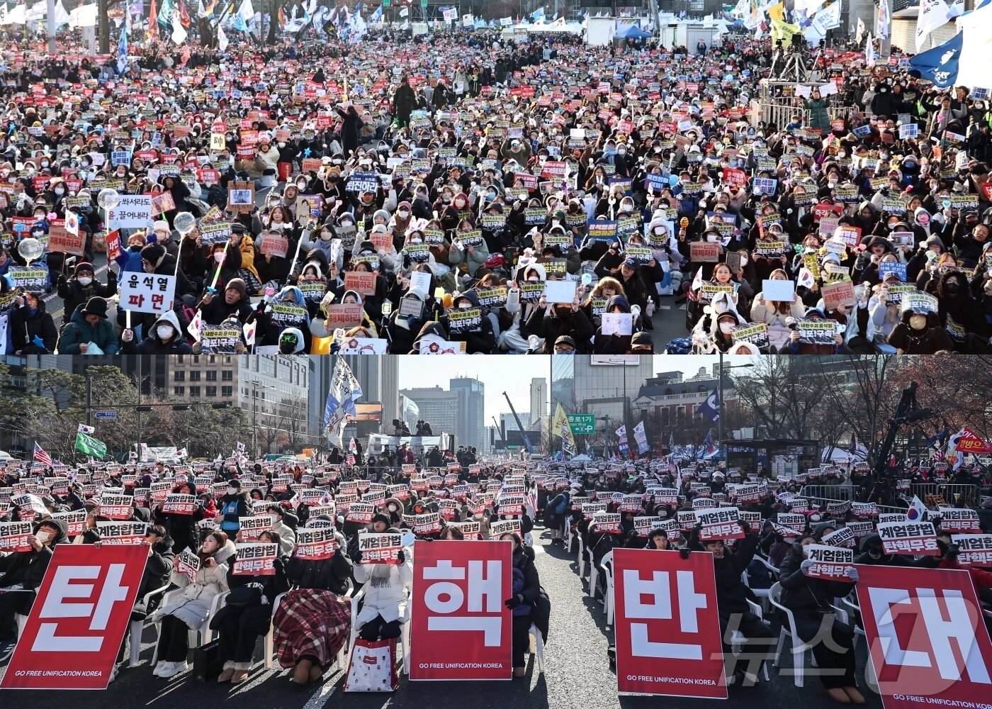 본문 이미지 - 28일 서울 도심 광화문 일대에서 윤석열 대통령 탄핵을 촉구하는 집회&#40;사진 위&#41;와 탄핵 반대 맞불집회가 각각 열리고 있다. 2024.12.28/뉴스1 ⓒ News1 구윤성 기자,김도우 기자