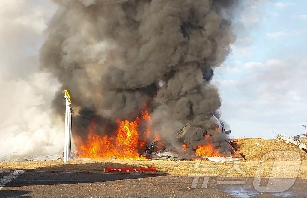 본문 이미지 - 29일 전남 무안국제공항에서 승객과 승무원 181명이 탑승한 여객기가 추락해 불길이 치솟고 있다. &#40;전남소방 제공&#41; 2024.12.29/뉴스1