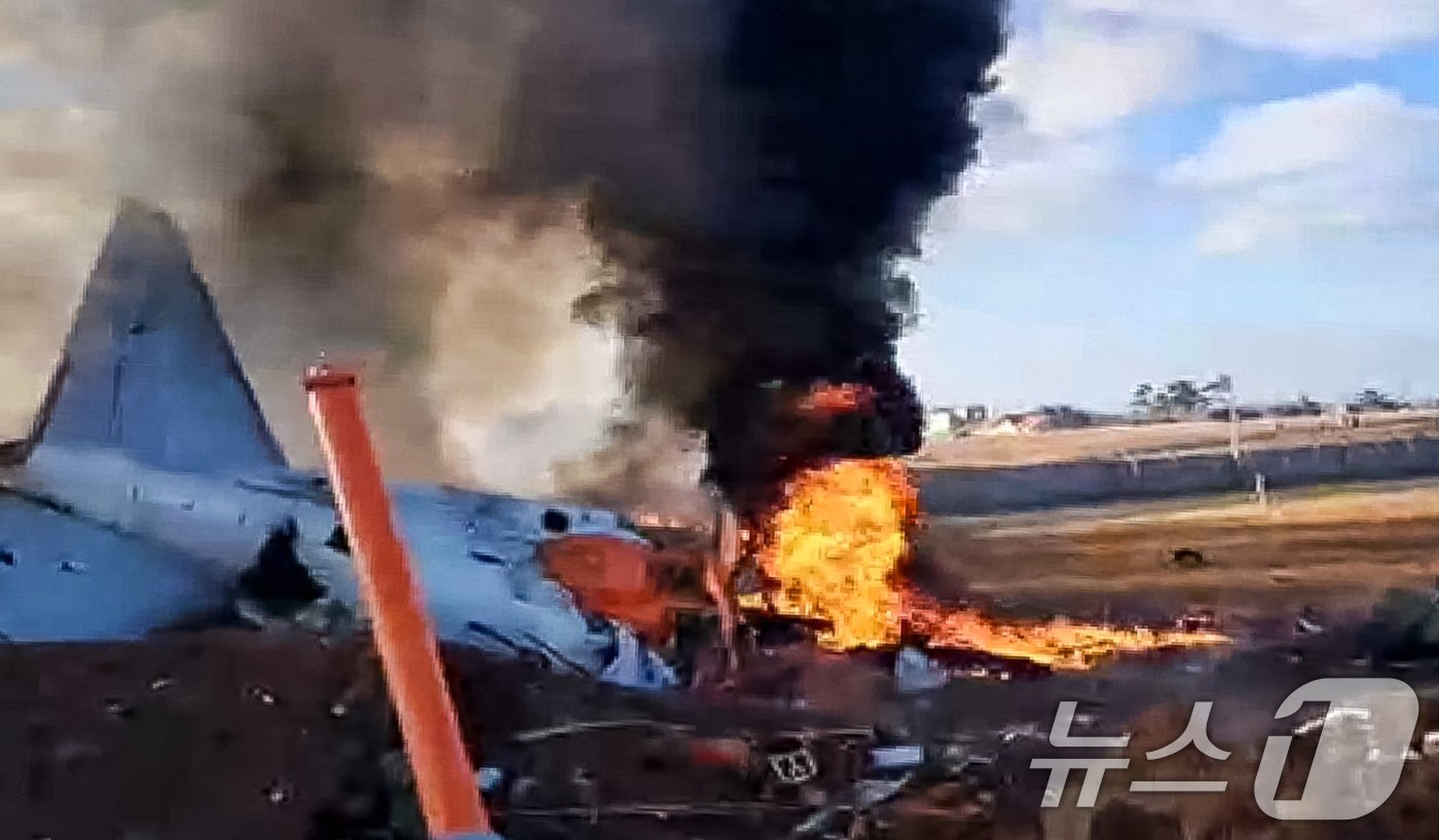 본문 이미지 - 29일 전남 무안국제공항에서 승객과 승무원 181명이 탑승한 여객기가 추락해 불길이 치솟고 있다. 소방당국은 "여객기 탑승 181명 중 구조자 2명을 제외한 인원이 모두 사망한 것으로 추정된다＂고 밝혔다. (독자 제공) 2024.12.29/뉴스1