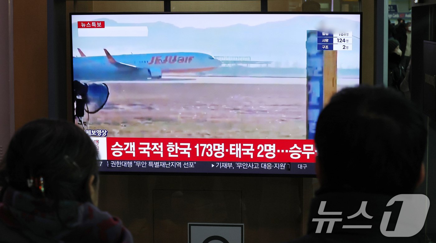 본문 이미지 - 29일 서울역에서 시민들이 무안공항 사고관련 뉴스를 바라보고 있다. 이날 오전 9시 3분께 전남 무안국제공항에서 181명이 탑승한 여객기가 추락하는 사고가 발생해 2명이 구조됐다. 2024.12.29/뉴스1 ⓒ News1 박세연 기자