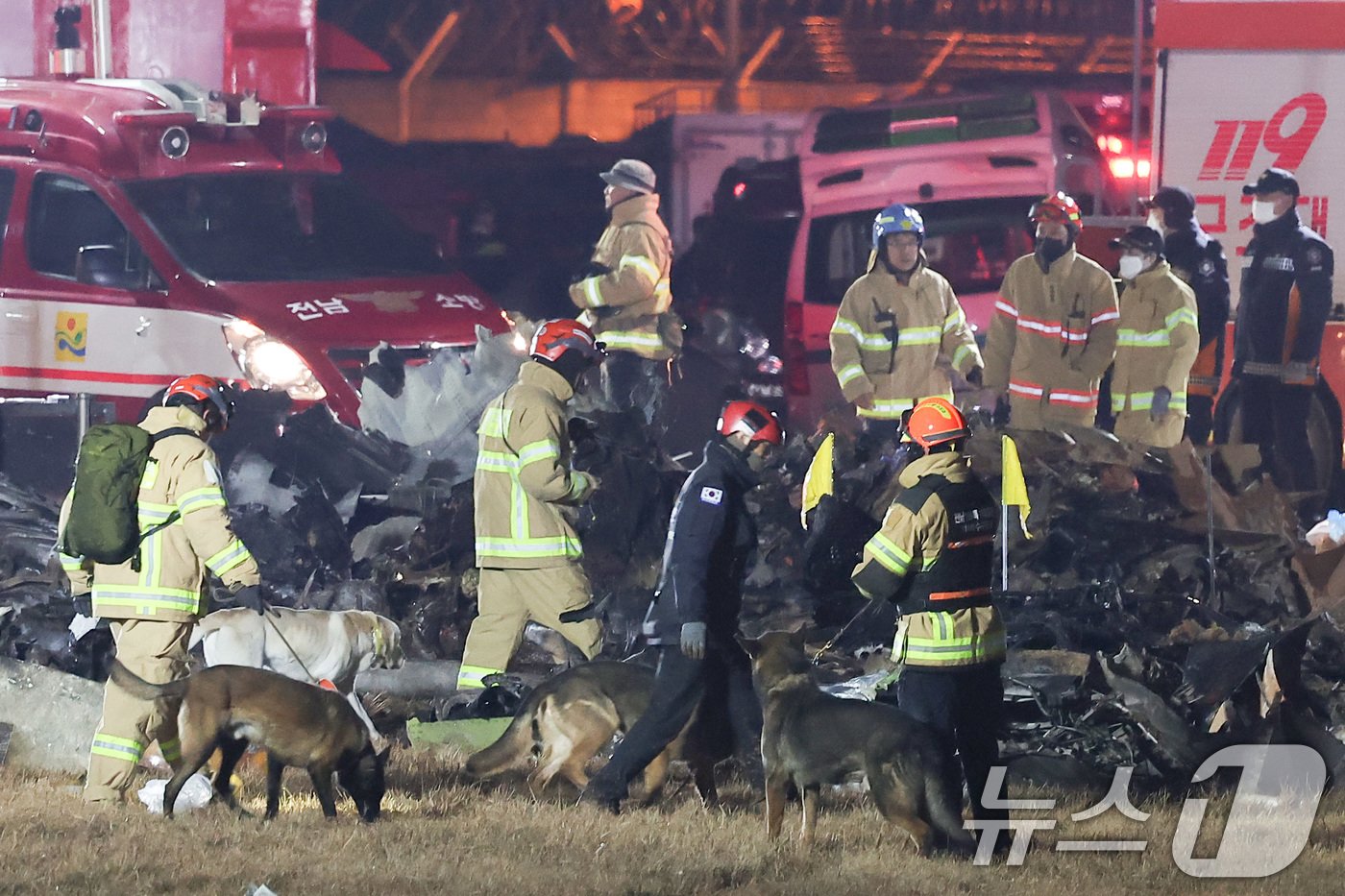 본문 이미지 - 29일 오후 181명이 탑승한 제주항공 여객기가 추락한 전남 무안국제공항에서 소방대원들이 사고 수습 작업을 하고 있다.  2024.12.29/뉴스1 ⓒ News1 김성진 기자