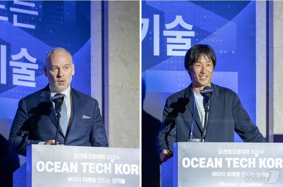 본문 이미지 - &#39;오션테크 코리아 2024&#39; 비즈니스 미팅에 참석한 마틴 구토스키 콩스버그 디스커버리 싱가포르 부사장&#40;왼쪽&#41;과 준 하치야 씨베지터블 대표가 발표를 하고 있다.&#40;오션테크 코리아 사무국 제공&#41;