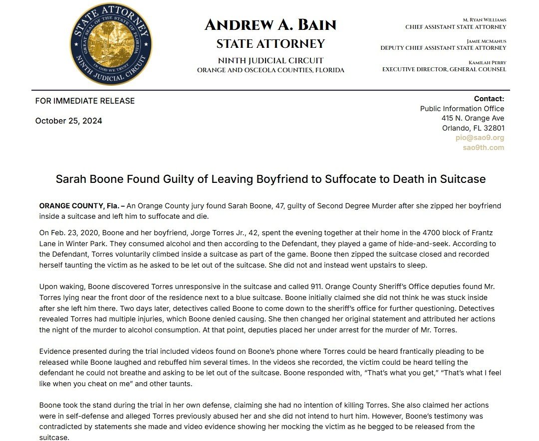 본문 이미지 - 미국 검찰이 배포한 여행 가방 살인 사건 관련 보도자료 갈무리. (출처 : 플로리다주 오렌지카운티 검찰)