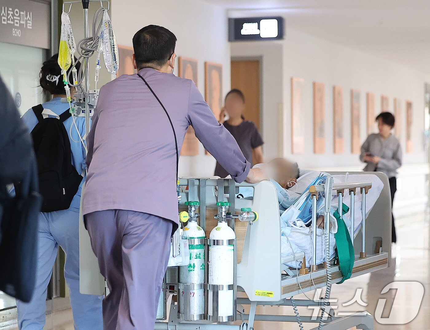 본문 이미지 - 3일 오후 서울의 한 대학병원에서 의료진이 환자와 함께 이동하고 있다. 2024.12.3/뉴스1 ⓒ News1 김진환 기자